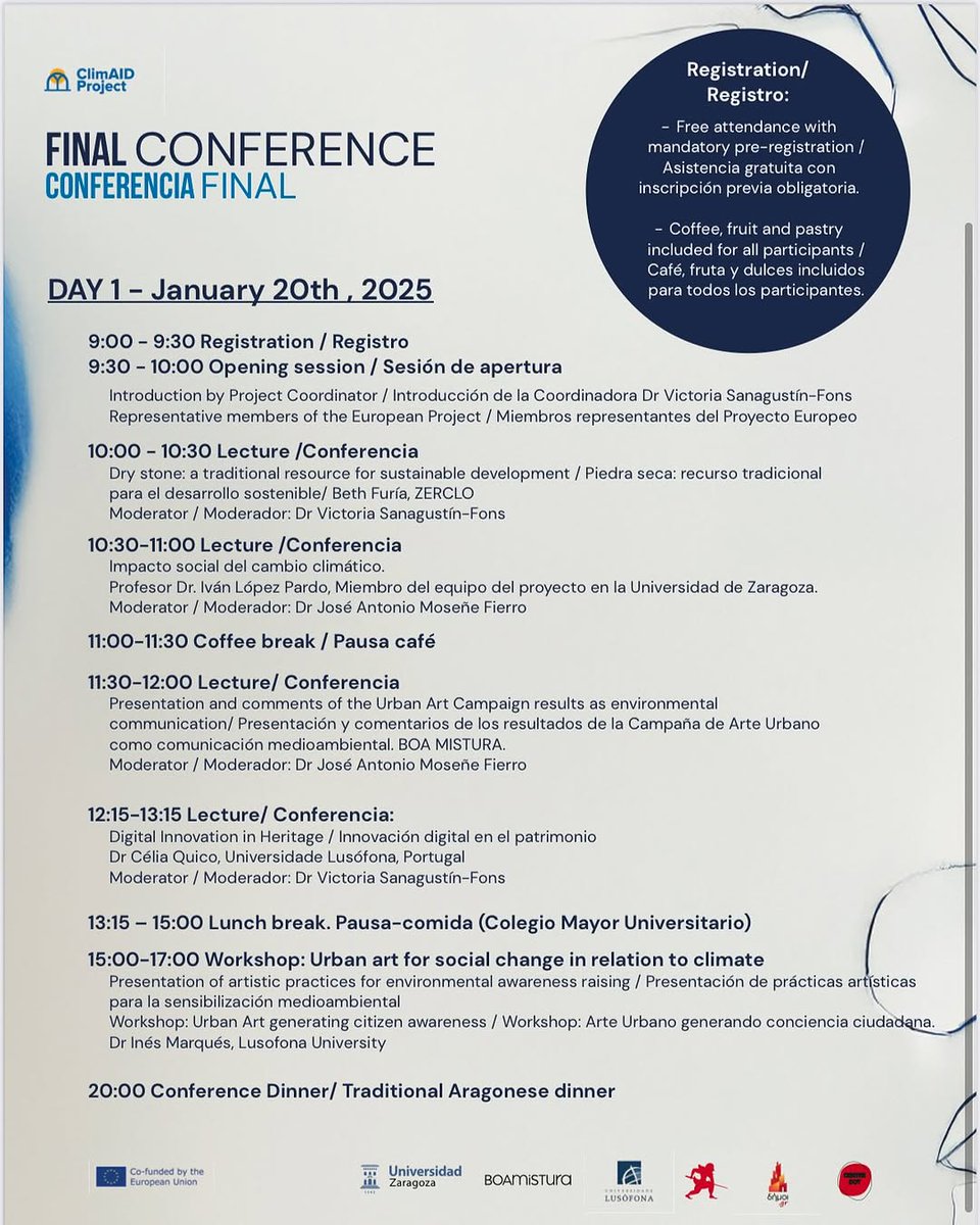 EUCreativa_ES's tweet photo. Inscripción abierta de #ClimAidProject, #ProyectoBeneficiario del Programa de #EuropaCreativaCULTURA, para su #finalconference.
📅20-21/01/25
📍@unizar
#climaid #europacreativa #europeanproject #climatechange #urbanart #culture #resilience #culturalheritage https://t.co/ktRZVopJ1U