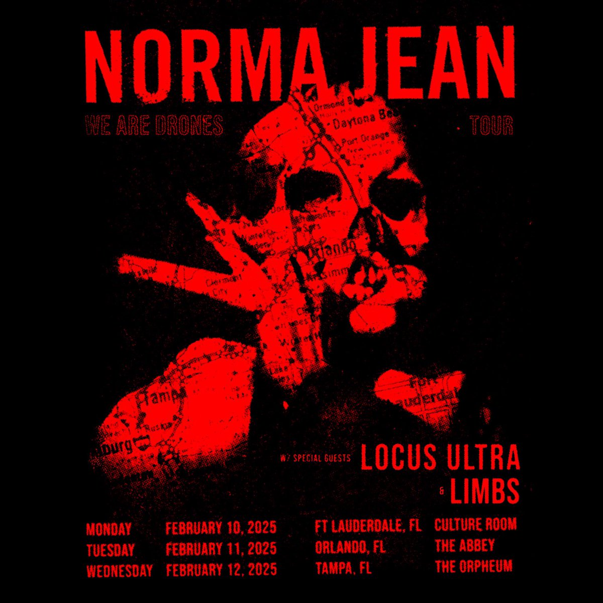 FLORIDA! We’re playing a few shows next month after our performance on the E.N.D. Cruise. —With special guests, Locus Ultra and Limbs. 

Tickets go on sale TOMORROW January 17th at 10am ET!

FEB 10 - FT LAUDERDALE
FEB 11 - ORLANDO
FEB 12 - TAMPA

normajeannoise.com