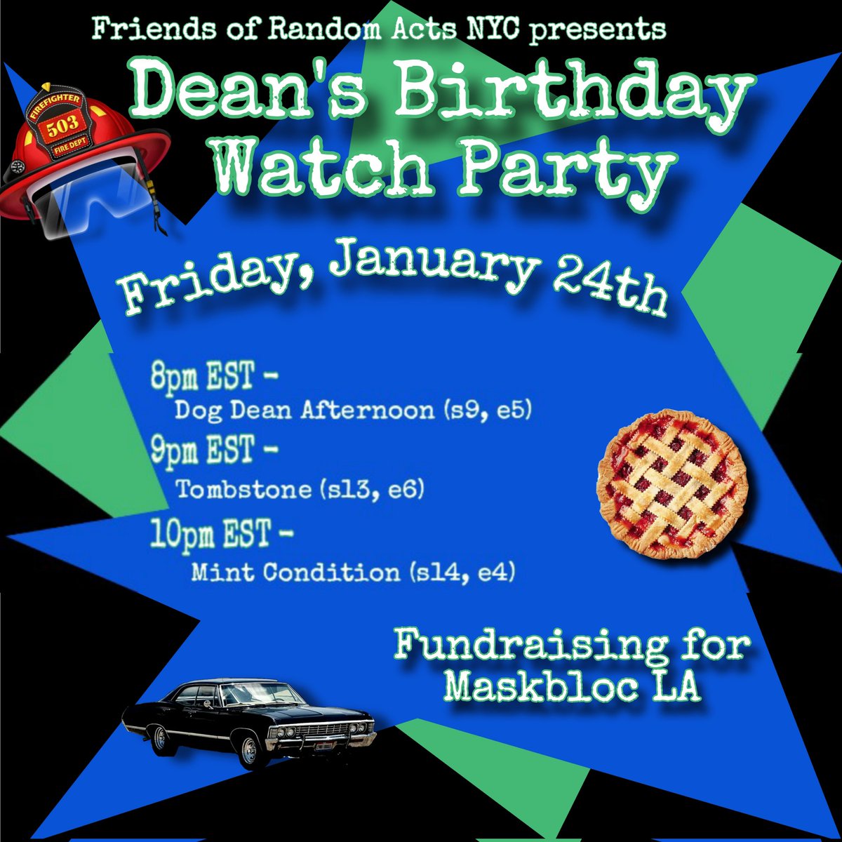 FriendsofRA_NYC's tweet image. It may be our anniversary today, but we are preparing another party. Join us to celebrate Dean Winchester's birthday on Friday, the 24th. In honor of his childhood dream of being a firefighter we will be fundraising for @MaskBlocLA and helping those suffering from the LA fires.