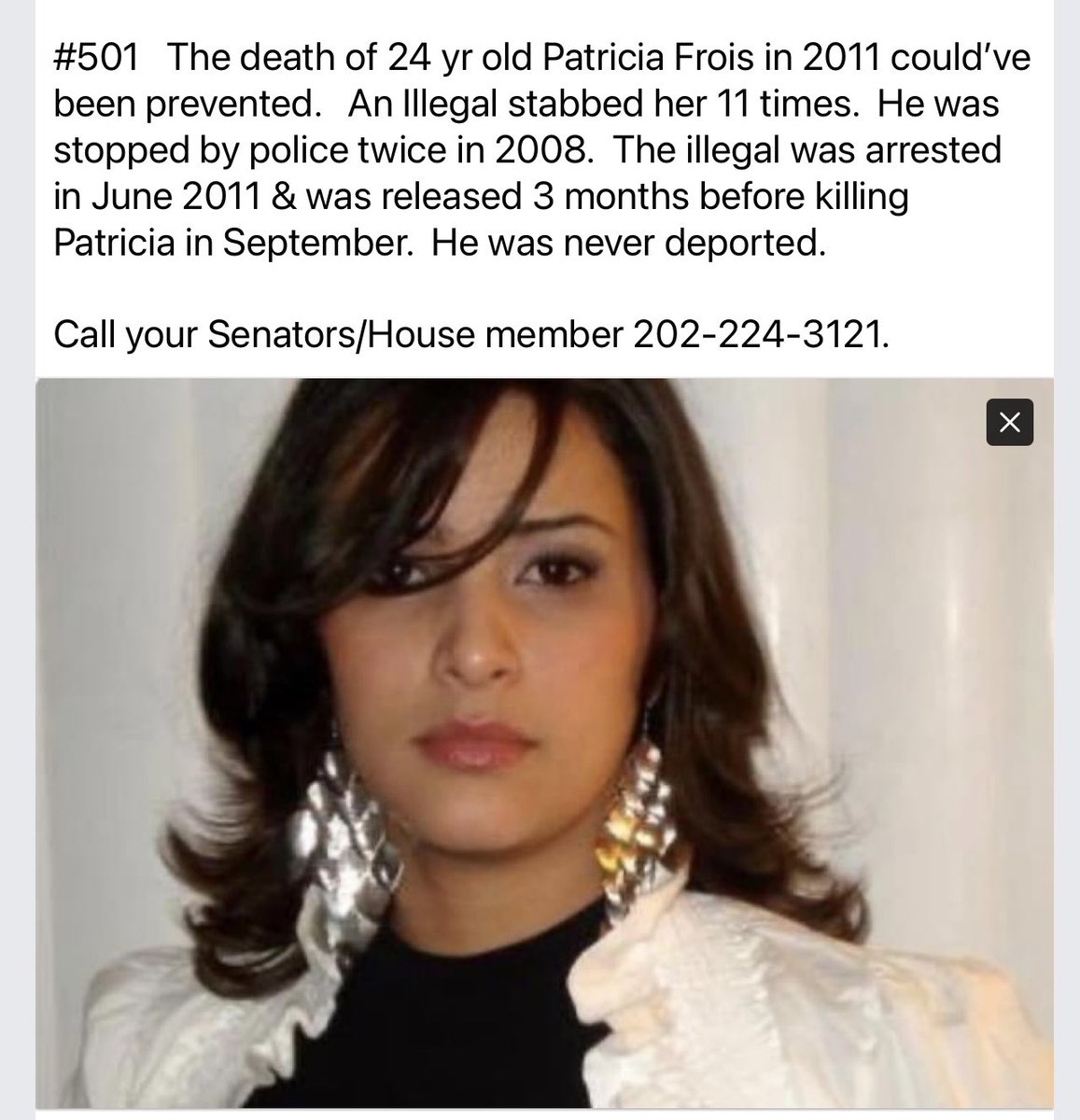howmanyare2many's tweet photo. Did you ever hear about Patricia’s preventable death, of course not? That’s why I do this.

HOW MANY ARE TOO MANY?

I’ve  now posted the deaths of 937  people killed or allegedly killed by an illegal.  There have been 1000’s of these preventable deaths over the years but MSM doesn’t report them.   That’s why I ask people to repost  and inform people of these preventable deaths.

Another illegal in arrested, not deported and was then able to allegedly kill Patricia.  Look at how many of the 937;preventable deaths I’ve posted were committed by an illegal that was previously arrested and/or deported.

Open borders = preventable deaths.  To Democrats they’re just collateral damage.

Please repost so Patricia isn’t forgotten and inform people of her preventable death.

 I’m not selling anything, I’m not writing a book, making a documentary, etc.  There’s nothing in this for me.  I see what’s happening to our country and I’m trying to do something about it.  I ask you to repost  because MSM  doesn’t report these preventable deaths and people should know about them.

 @SaraCarterDC @RealJamesWoods   @BillMelugin_  @AliBradleyTV  @BensmanTodd @RealTomHoman  @GaetaSusan @lizards112 @stclairashley   @ZeroDarkKitty @sabine_durden @pnjaban @JordanBrace8 @leslibless  @ImmigrantCrimes @PatriotGal480 @poconomtngirl @MichaelRCaputo