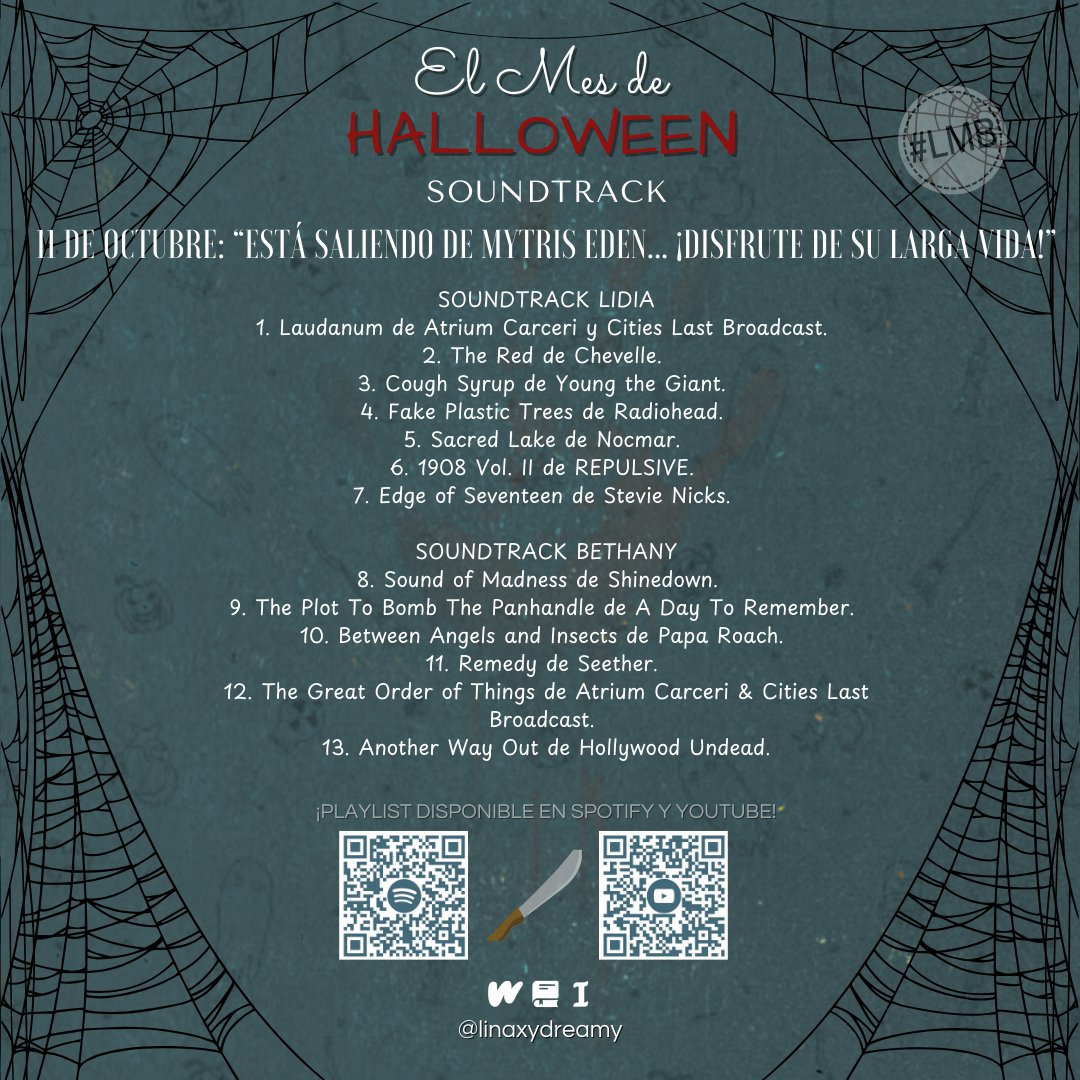 linaxydreamy's tweet image. ¡Ya tenemos el soundtrack del nuevo capítulo de "El Mes de Halloween"! 🔪🎃 

Escanea el QR y escucha en Spotify o YouTube.🤍 
#ElMesDeHalloween #EMDH #LMB #Wattpad #Booknet #Inkitt