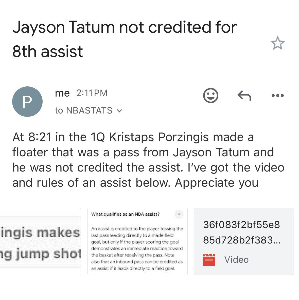 CookTheBooks12's tweet photo. 🚨 IMPORTANT 🚨

LETS GET THIS CHANGED‼️

Everybody email mailto:NBASTATS@NBA.com

Attachments below to include

To save you time you can just copy and paste what I said 
At 8:21 in the 1Q Kristaps Porzingis made a floater that was a pass from Jayson Tatum and he was not credited the assist. I’ve got the video and rules of an assist below. Appreciate you