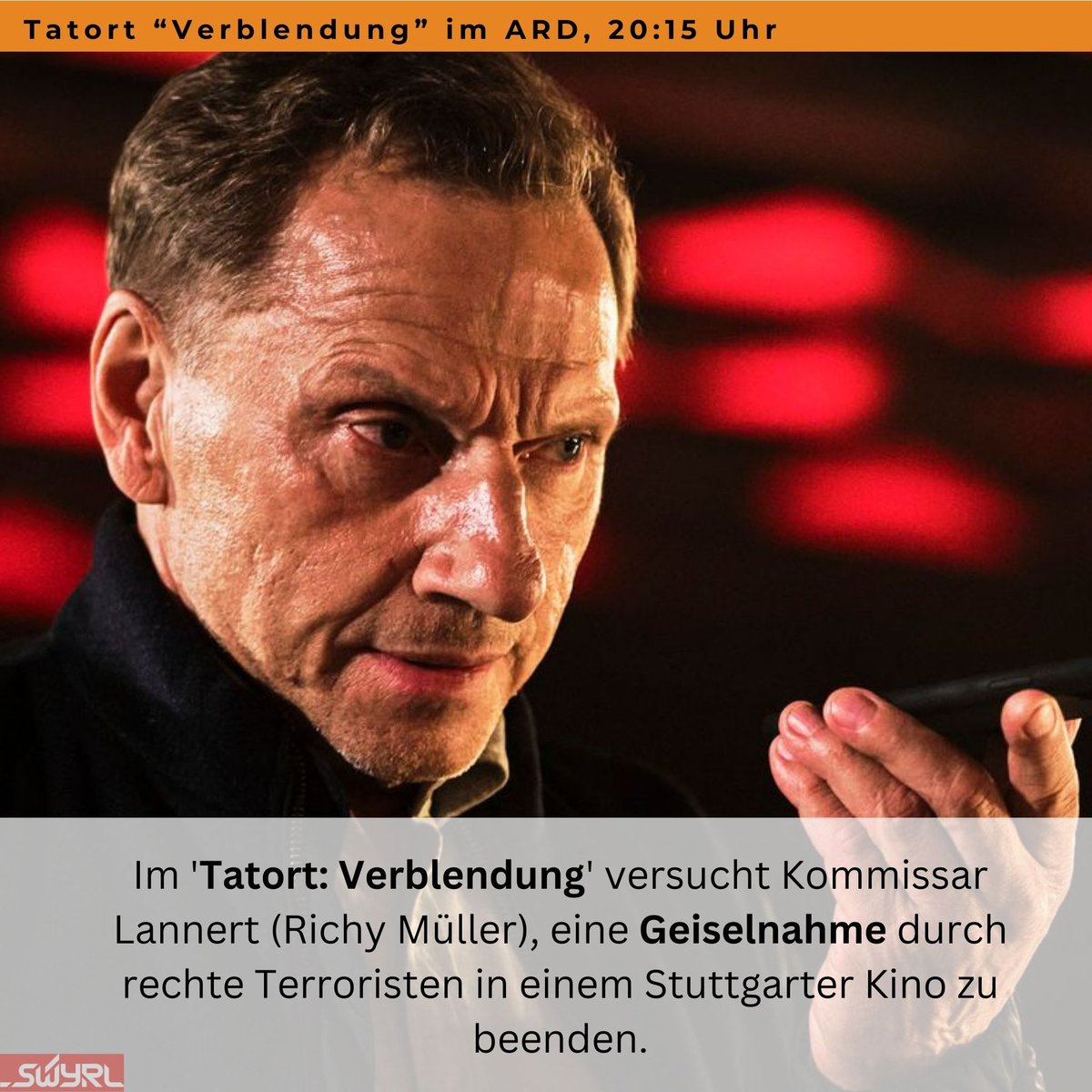 swyrlTV's tweet photo. Am 19.01. um 20:15 Uhr im @DasErste: "@Tatort: Verblendung" – Rechte Terroristen nehmen ein Stuttgarter Kino als Geisel. 

Mehr über den Film erfährst du über den Link: https://t.co/nZjZ211DtW https://t.co/Q7kclrmtLE