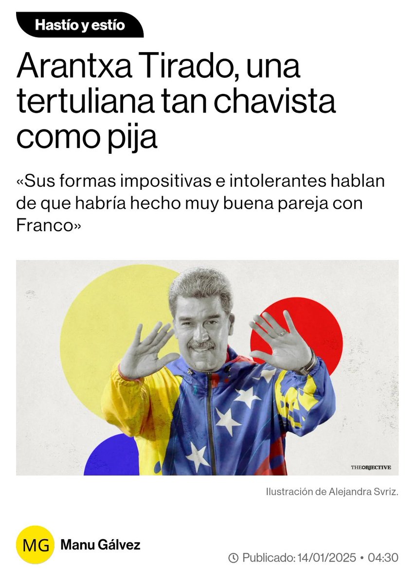 ArantxaTirado's tweet photo. No quiero destrozarle el titular a este pobre señor, al que no tengo el gusto de conocer (ni él a mí), pero soy infinitamente más chavista que pija 😎 https://t.co/4tJr3PTcVn