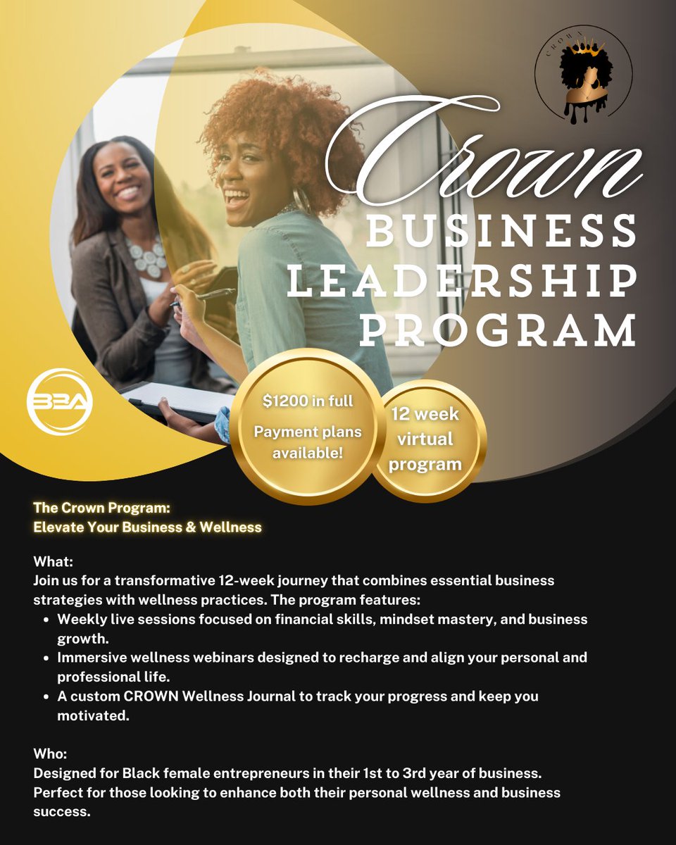 CTBBAOrg's tweet image. 🚨 Exciting news for Black women entrepreneurs! 🚨

We’re launching The Crown Program, a 12-week journey to elevate your business &amp;amp; wellness. 👑

Want to learn more? Join us TONIGHT at our Virtual Cupcakes &amp;amp; Cocktails!

Register for tonight's session here: tinyurl.com/virtualcandc