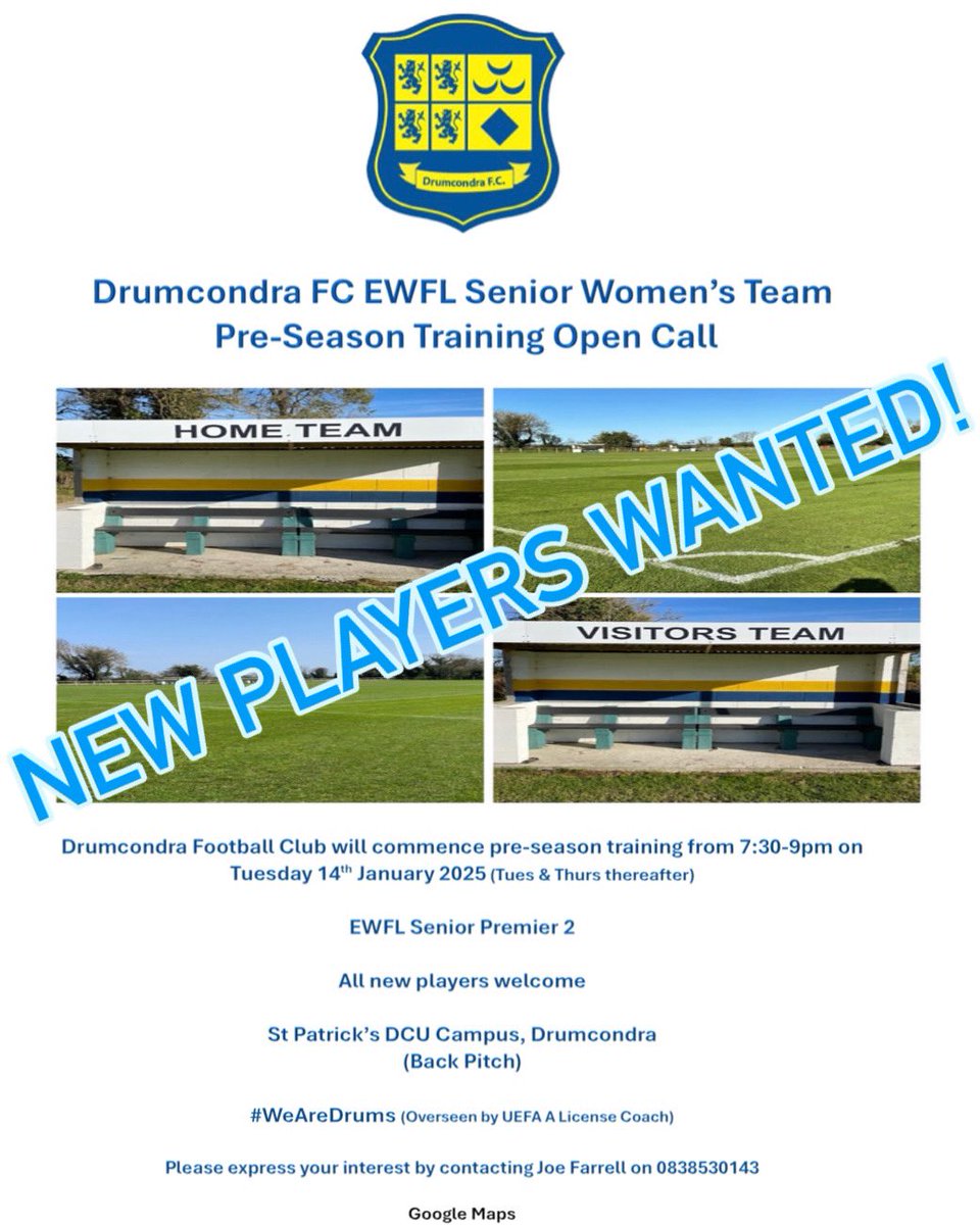 ***Players Wanted***
Looking for players to join Drumcondra FC Women’s Team!
We will compete in EWFL Premier 2
If interested please join us over the next few weeks at St Patrick’s DCU Campus, Drumcondra from 7:30 to 9pm Tues &amp; Thurs
#WomensFootball #Dublin <a href="/UpTheDrums/">Drumcondra FC</a>