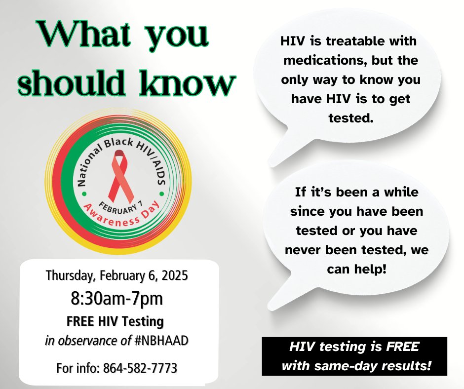 No excuses. Take advantage of our first extended-hours HIV testing event of 2025! Walk-ins welcome, appointments encouraged. For more info or to schedule an appointment, call us at 864-582-7773.

#NBHAAD #KnowYourStatusGetTested