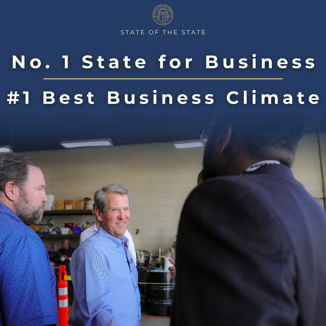 GovKemp's tweet photo. For 11 years, Georgia has held the coveted title of top state in the country for business, and we were recently voted the best business climate in all 50 states. If we want to maintain that success, we have to get serious about tackling challenges to our business environment. https://t.co/ZAdXoVwyxy