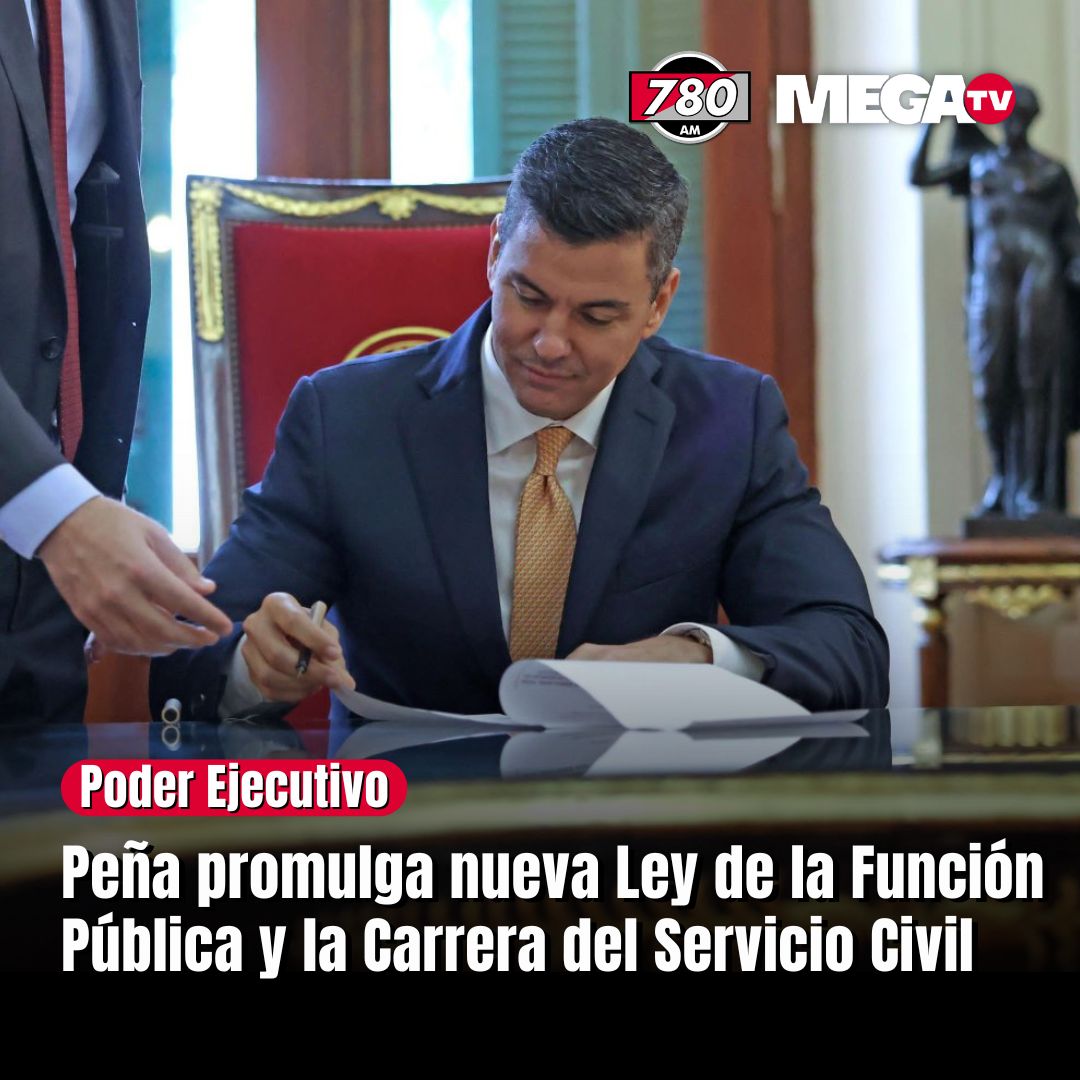 780AM's tweet photo. 🔴LO ÚLTIMO | 

👉El presidente de la República, Santiago Peña, promulgó la nueva Ley de la Función Pública y la Carrera del Servicio Civil.

✍️"Un marco jurídico que define reglas claras, garantiza el ingreso por mérito, promueve evaluaciones objetivas y fomenta la transparencia, con el objetivo de construir una administración pública más eficiente y justa al servicio de todos los paraguayos", refiere la publicación de la cuenta oficial de la Presidencia.

#780AM @Megatv_py