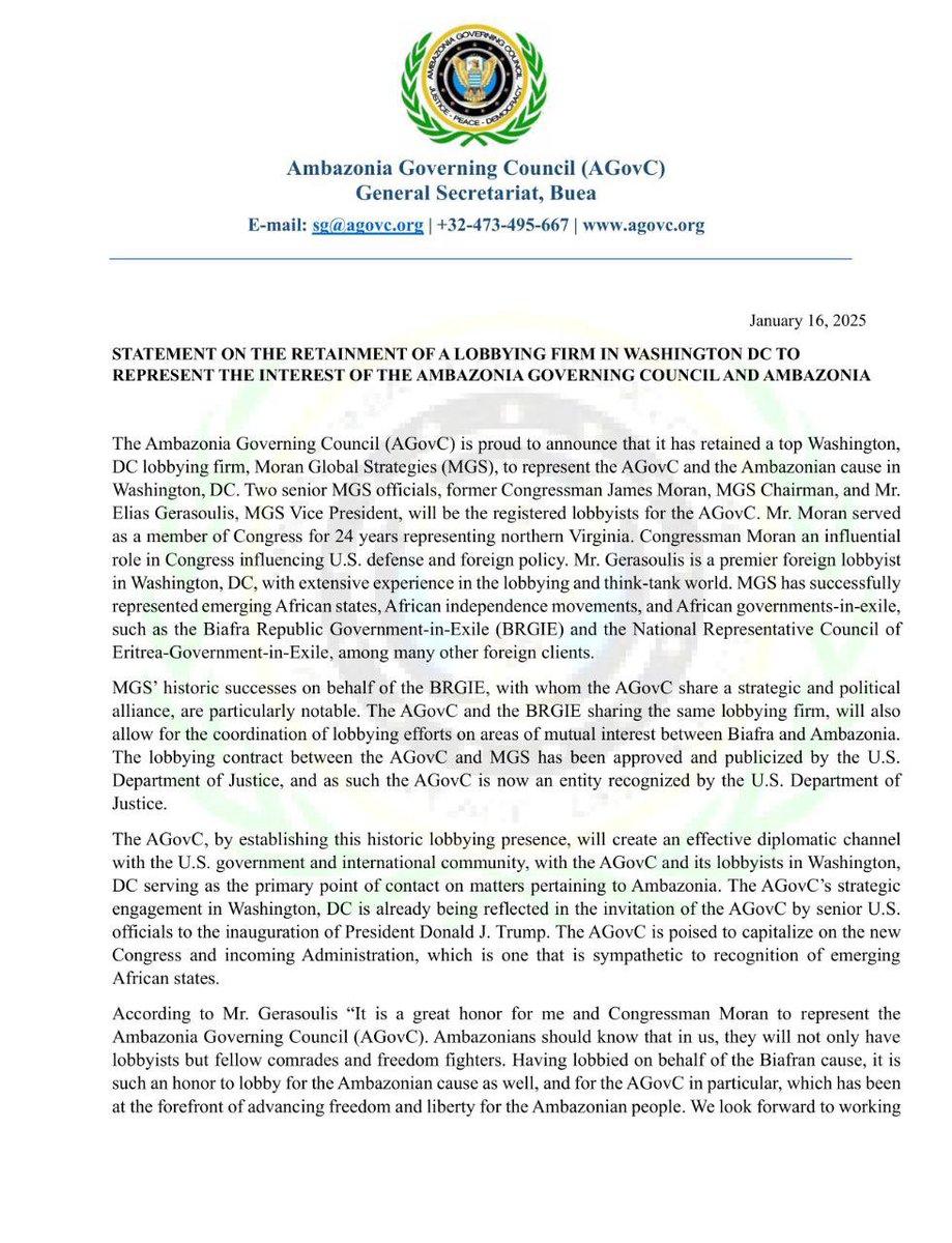 PresSecAgovc's tweet photo. Diplomatic Milestone for Ambazonia: Norway’s Shameful Detention of Dr. Ayaba Contradicts Peace and Justice

In a historic move that affirms the growing legitimacy of the Ambazonian quest for self-determination, the Ambazonia Governing Council (AGovC) has retained Moran Global Strategies (MGS) to represent its interests in Washington, DC. This strategic partnership, led by former Congressman James Moran and Mr. Elias Gerasoulis,establishes a direct diplomatic channel for peaceful engagement with U.S. policymakers.  

Yet, while Ambazonia uses recognized legal frameworks to advance its legitimate aspirations, Norway, a nation that champions peace and human rights, has disgraced itself by detaining Dr. Cho Ayaba,the visionary leader of this breakthrough.  

Norway’s detention of Dr. Ayaba is an assault on justice and human rights.  
- The leader who lawfully secured U.S. lobbying representation for Ambazonia is being criminalized,while Cameroon, a regime guilty of war crimes and genocide, operates with impunity.  
Norway claims to uphold democracy and freedom, yet it targets a peaceful advocate of self-determination while ignoring the atrocities committed by Cameroon.  

The AGovC’s partnership with Moran Global Strategies demonstrates leadership grounded in diplomacy, dialogue, and legal mechanisms. Congressman Moran spent 24 years shaping U.S. foreign policy, and Mr. Gerasoulis is an expert in African independence movements. Their involvement signifies the global legitimacy of Ambazonia’s cause.  

While Ambazonia builds these diplomatic bridges, Norway aligns itself with Cameroon’s tyranny by detaining Dr. Ayaba, exposing its double  standards.

Why is Norway silent on Cameroon’s systematic killing of civilians but swift to act against those fighting for freedom?

Detaining Dr. Ayaba while Cameroon’s genocidal regime remains unchecked tarnishes Norway’s reputation as a defender of peace and human rights. This act stands in sharp contrast to the principles of justice for which Norway is known.  

Ambazonia’s commitment to self-determination is rooted in law and diplomacy. The AGovC’s partnership with Moran Global Strategies proves this resolve. Norway’s detention of Dr. Ayaba is not only unjust—it is an affront to human dignity. We demand his immediate release.  

Freedom cannot be detained. Truth cannot be silenced. History will remember those who stood for justice.  

**#FreeDrAyaba #HoldCameroonAccountable #NorwayChooseJustice**  

- Congressman James Moran: @Jim_Moran @ChoAyaba 
- Elias Gerasoulis: @EliasGerasoulis FreeDrAyaba
 @anetteberger2 
@vgnett 
@Kripos_NCIS
@NRKno
@AUC_PAPS  @DepSecDef
@AsstSecStateAF @SenateForeign 
@Sebastien_Nadot @SecBlinken @SenateForeign @CanadaFP @NFdep @StateDept @DepSecStateMR  @hrw @ICRCPresident  @DOD_DEPSECDEF @DeputySecState @USAmbUN  @melaniejoly  @joDionNgute @PR_Paul_BIYA @volker_turk @norwaygov_rx  @EspenBarthEide @NorwayMFA  @UNHumanRights @jonasgahrstore @UKParliament @supremecourt_no @mats56455 @EksfinN @jcelden  
@Hans_Vang @MariaDahle  
@sunnago @Zingeris  
@PACE_News @Tsihanouskaya
@ECHR_CEDH  
@IntlCrimCourt  
@ICRC  
@realDonaldTrump