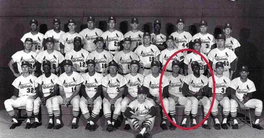 Bob Uecker once went to the mound to talk to Bob Gibson. Gibson barked,
"What are you doing out here?"
Uecker replied, “Oh, nothing, just going out to talk to Curt Flood in center."
Cardinals management had this picture retaken because Gibson and Uecker were holding hands with