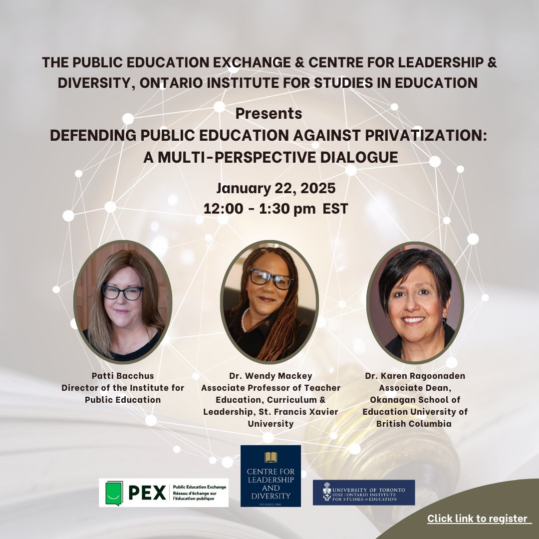 Centre for Leadership and Diversity, OISE (@cld_leadership) on Twitter photo The Centre for Leadership & Diversity <a href="/OISEUofT/">OISEUofT</a> <a href="/LHAEUTOISE/">Leadership, Higher and Adult Education, UT/OISE</a> & Public Education Exchange invite you to join an online panel discussion about the privatization of public education on January 22, 2025 at 12:00 EST via Zoom <a href="/DrAnnLopez/">Educator</a> π«π«
Register now at:
yorku.zoom.us/meeting/registβ¦ The Centre for Leadership & Diversity <a href="/OISEUofT/">OISEUofT</a> <a href="/LHAEUTOISE/">Leadership, Higher and Adult Education, UT/OISE</a> & Public Education Exchange invite you to join an online panel discussion about the privatization of public education on January 22, 2025 at 12:00 EST via Zoom <a href="/DrAnnLopez/">Educator</a> π«π«
Register now at:
yorku.zoom.us/meeting/registβ¦