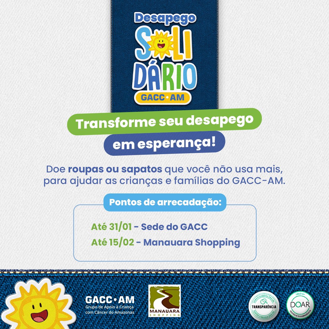 gaccamazonas's tweet photo. Chegou a época mais desapegada do ano, tire do armário roupas e sapatos que você não usa mais e ajude nossos pequenos e suas famílias. 🙏🏼✨

Nossos pontos de arrecadação:
💛 Sede do GACC-AM até o dia 31/01
💛 @manauarashop até o dia 15/02 https://t.co/fVIG7gTWgE