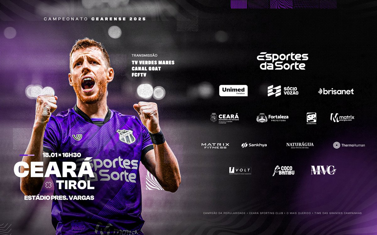 CearaSC's tweet photo. VAI COMEÇAR OFICIALMENTE A TEMPORADA 2025! 🔥

Neste sábado tem Ceará em campo na 1ª rodada do Campeonato Cearense 2025. 🏁

A partida será diante do Tirol, às 16h30, no estádio Presidente Vargas.

Garanta seu lugar no primeiro duelo do ano. BORA VOZÃO! ⚫⚪

🔗 Check-in: https://t.co/AriNAp8eAI
💻 Venda de ingressos online: https://t.co/j6N5ykiSph

#CearáSC