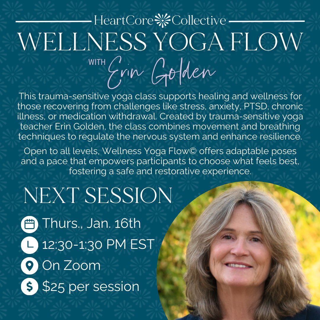 angpeacock1111's tweet image. Created by trauma-sensitive yoga teacher @ErinGolden1, this unique class combines gentle movements and breathing techniques to regulate the nervous system, reduce inflammation, &amp;amp; enhance resilience. 
RSVP: calendly.com/heartcore-coll…

#traumainformed #antidepressantwithdrawal #benzos