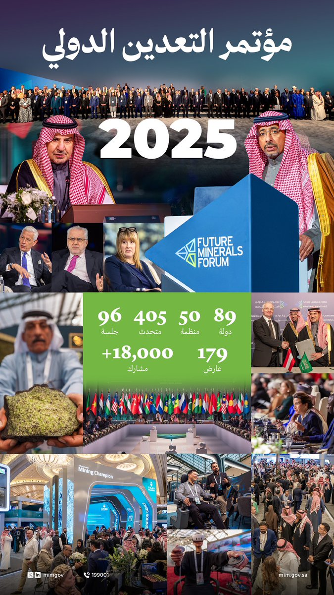 بفخر واعتزاز كبيرين اختتمنا اليوم فعاليات النسخة الرابعة من #مؤتمر_التعدين_الدولي، الذي جاء ليؤكد مكانة المملكة العربية السعودية كوجهة عالمية في قطاع التعدين والمعادن. كان هذا الحدث شهادة حيّة على التزامنا بتحقيق رؤية السعودية 2030، وتحويل قطاع التعدين إلى ركيزة أساسية في تنويع