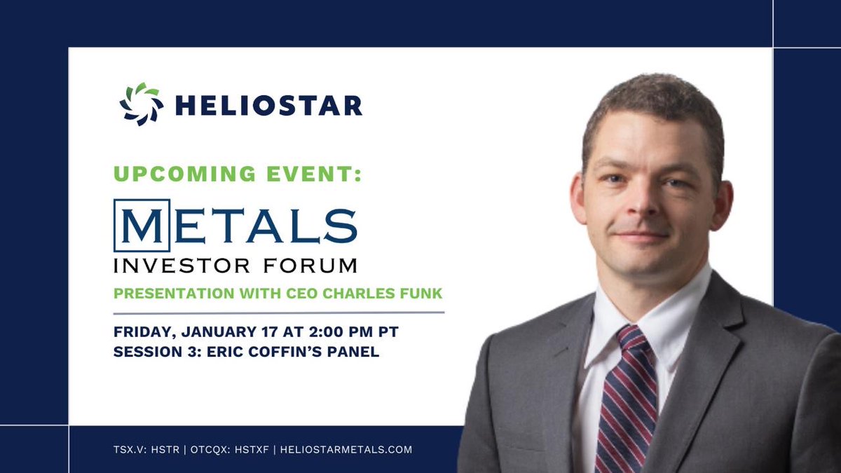 Heliostar Metals Ltd (@heliostarmetals) on Twitter photo Get the latest on Heliostar straight from the source! Our CEO, Charles Funk, is presenting at the <a href="/MetalsInvtForum/">Metals Investor Forum</a> this Friday, January 17th, at 2PM PST. Catch him during session 3 hosted by @EricCoffin_HRA.
Secure your spot: loom.ly/4YJnWHU
$HSTR $HSTR.v $HSTXF #MIF2025 Get the latest on Heliostar straight from the source! Our CEO, Charles Funk, is presenting at the <a href="/MetalsInvtForum/">Metals Investor Forum</a> this Friday, January 17th, at 2PM PST. Catch him during session 3 hosted by @EricCoffin_HRA.
Secure your spot: loom.ly/4YJnWHU
$HSTR $HSTR.v $HSTXF #MIF2025