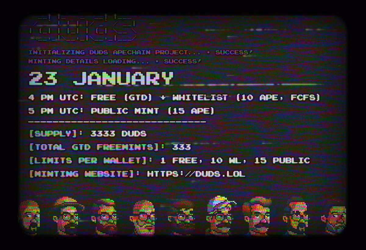> minting date confirmed: ⛄️ 23 January, 4 PM UTC ⛄️
> giving away 10 free (gtd) + 30 wl spots on this post: like, repost and comment.
> premint.xyz/duds-2 (you know the word)
> official minting terminal: duds.lol
> minting FAQ (next post)🧵👇