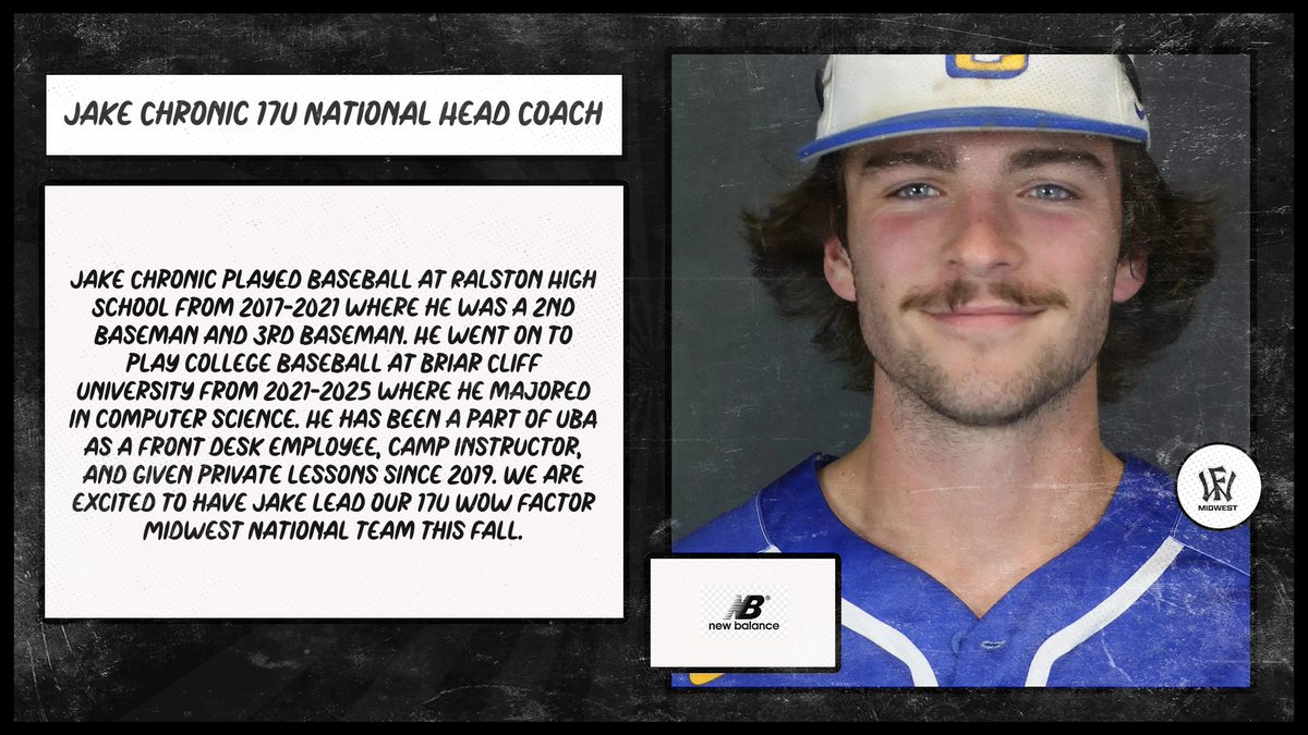 WowFactorMidWest (@wfmidwest) on Twitter photo We are excited to announce Jake Chronic as our 17u National Head Coach. We will be comprising a roster of the best players in the Midwest to travel to National showcase tournaments. Tryout announcement coming soon!! <a href="/ubanebraska/">Ultimate Baseball Academy</a> @omahatigers We are excited to announce Jake Chronic as our 17u National Head Coach. We will be comprising a roster of the best players in the Midwest to travel to National showcase tournaments. Tryout announcement coming soon!! <a href="/ubanebraska/">Ultimate Baseball Academy</a> @omahatigers