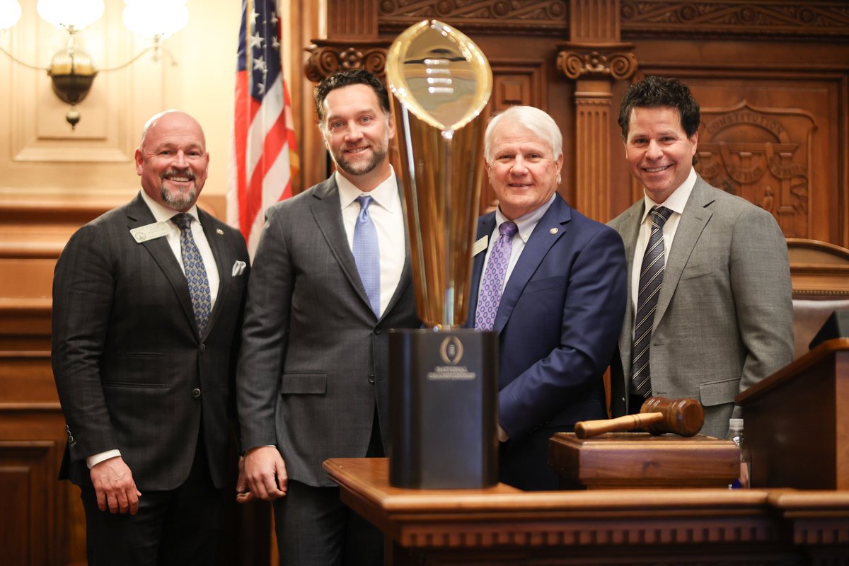 The 2025 CFP #NationalChampionship Trophy visited the GA State Capitol as Atlanta prepares to host this epic event on Jan. 20!
Thanks to <a href="/GovKemp/">Governor Brian P. Kemp</a>, <a href="/LtGovJonesGA/">Lt. Governor Burt Jones</a>, <a href="/JonBurnsGA/">JonBurnsGA</a> and the GA General Assembly for showcasing why Atlanta is the ultimate host city.
#CFBPlayoff