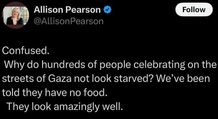 jdpoc's tweet photo. So this God awful woman’s take on the ceasefire is that “Palestinians don’t look starving enough.” https://t.co/hGd8ct8Yys