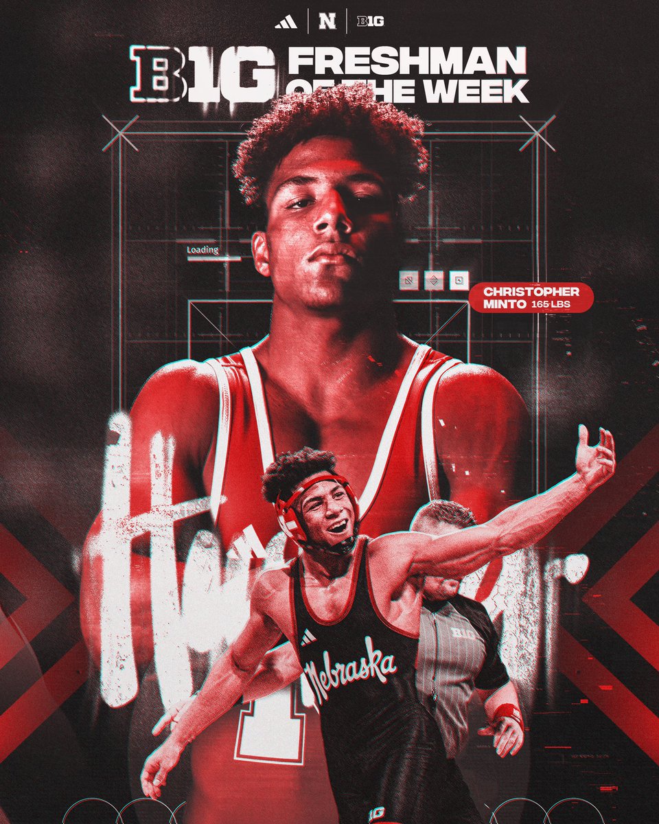 HuskerWrestling's tweet photo. .@tophy_minto came up 𝗕𝟭𝗚 this week.

Christopher Minto is your B1G Freshman of the Week after a top-10 win in his first career B1G dual. https://t.co/JnC5nhmvyi