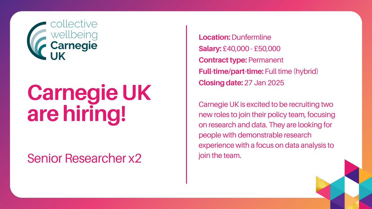 Smart Thinking (@smartthinktanks) on Twitter photo Not one but TWO new senior research roles have opened up <a href="/CarnegieUKTrust/">Carnegie UK</a>
Are you a proven researcher who wants to work at the interface between data, research, public policy and practice?
Research and Insight: buff.ly/40wnmml
Data and Insight: buff.ly/40xXHK7 Not one but TWO new senior research roles have opened up <a href="/CarnegieUKTrust/">Carnegie UK</a>
Are you a proven researcher who wants to work at the interface between data, research, public policy and practice?
Research and Insight: buff.ly/40wnmml
Data and Insight: buff.ly/40xXHK7