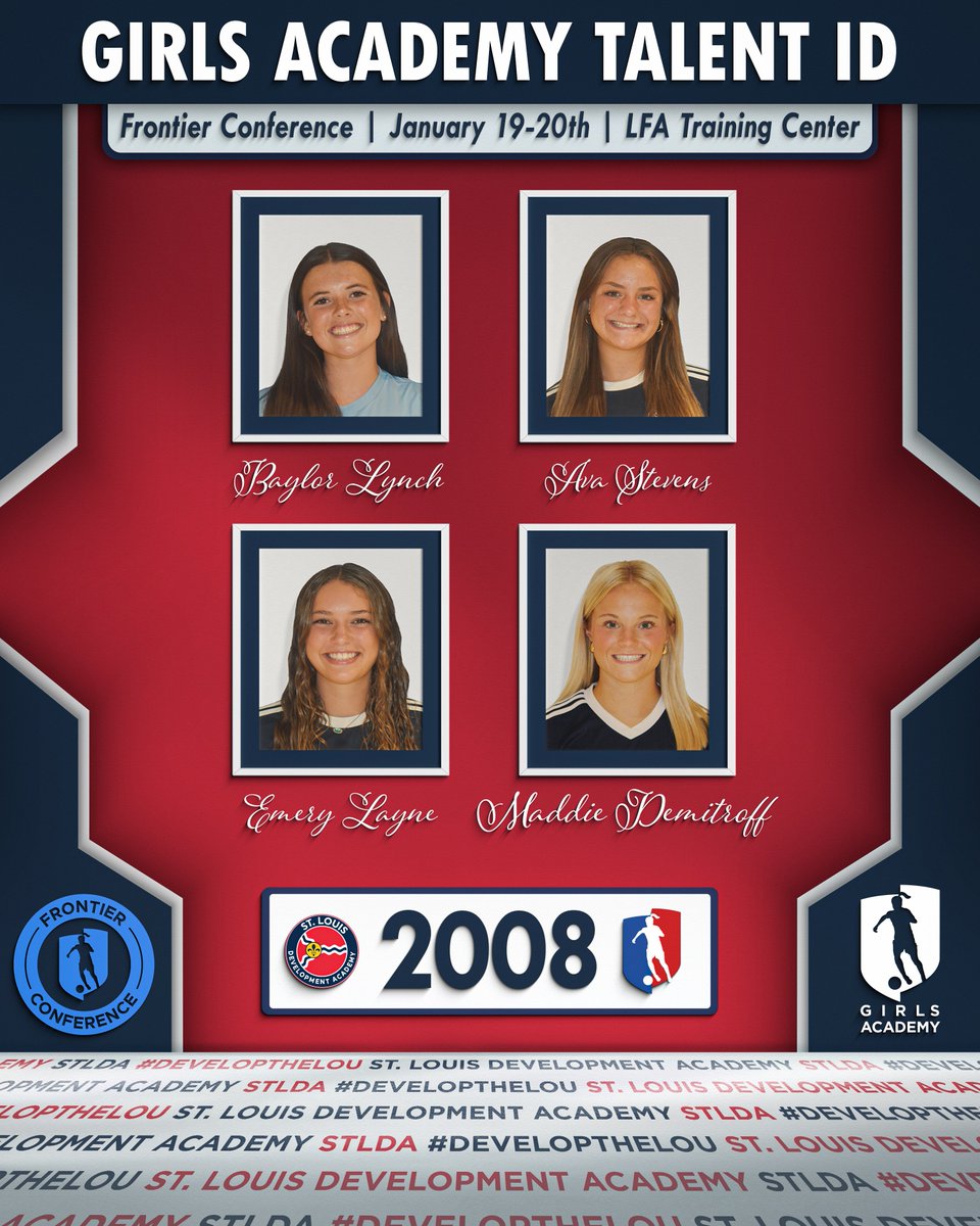 STLDASoccer's tweet photo. 🌟 Congratulations to Our Girls Academy Standouts! 🌟

We’re proud of our players selected for the Frontier Conference Talent ID event this weekend! 💪⚽
Represent St. Louis DA and shine on the big stage! ✨

#STLDA | #developthelou • @GAcademyLeague  @TheSoccerWire  @usynt https://t.co/IgQVuutQMh