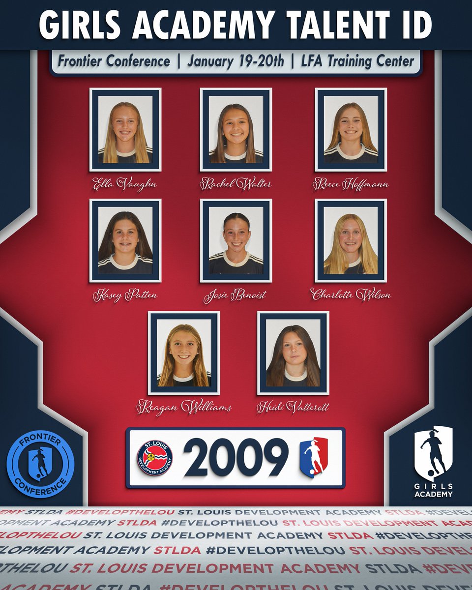 STLDASoccer's tweet photo. 🌟 Congratulations to Our Girls Academy Standouts! 🌟

We’re proud of our players selected for the Frontier Conference Talent ID event this weekend! 💪⚽
Represent St. Louis DA and shine on the big stage! ✨

#STLDA | #developthelou • @GAcademyLeague  @TheSoccerWire  @usynt https://t.co/IgQVuutQMh