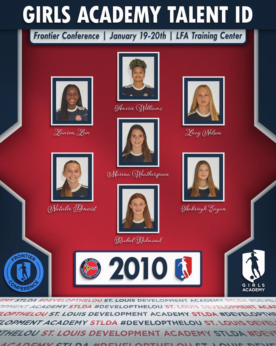 STLDASoccer's tweet photo. 🌟 Congratulations to Our Girls Academy Standouts! 🌟

We’re proud of our players selected for the Frontier Conference Talent ID event this weekend! 💪⚽
Represent St. Louis DA and shine on the big stage! ✨

#STLDA | #developthelou • @GAcademyLeague  @TheSoccerWire  @usynt https://t.co/IgQVuutQMh