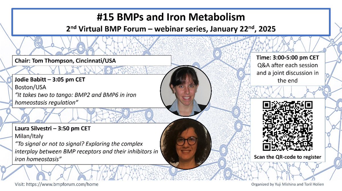 BioIronSocial (@bioironsocial) on Twitter photo Webinar on BMP signaling and iron by our very own <a href="/LauraSilv69/">Laura Silvestri</a> and Jodie Babitt! Everyone interested in the topic is welcome to join - January 22nd, 3-5pm CET Webinar on BMP signaling and iron by our very own <a href="/LauraSilv69/">Laura Silvestri</a> and Jodie Babitt! Everyone interested in the topic is welcome to join - January 22nd, 3-5pm CET
