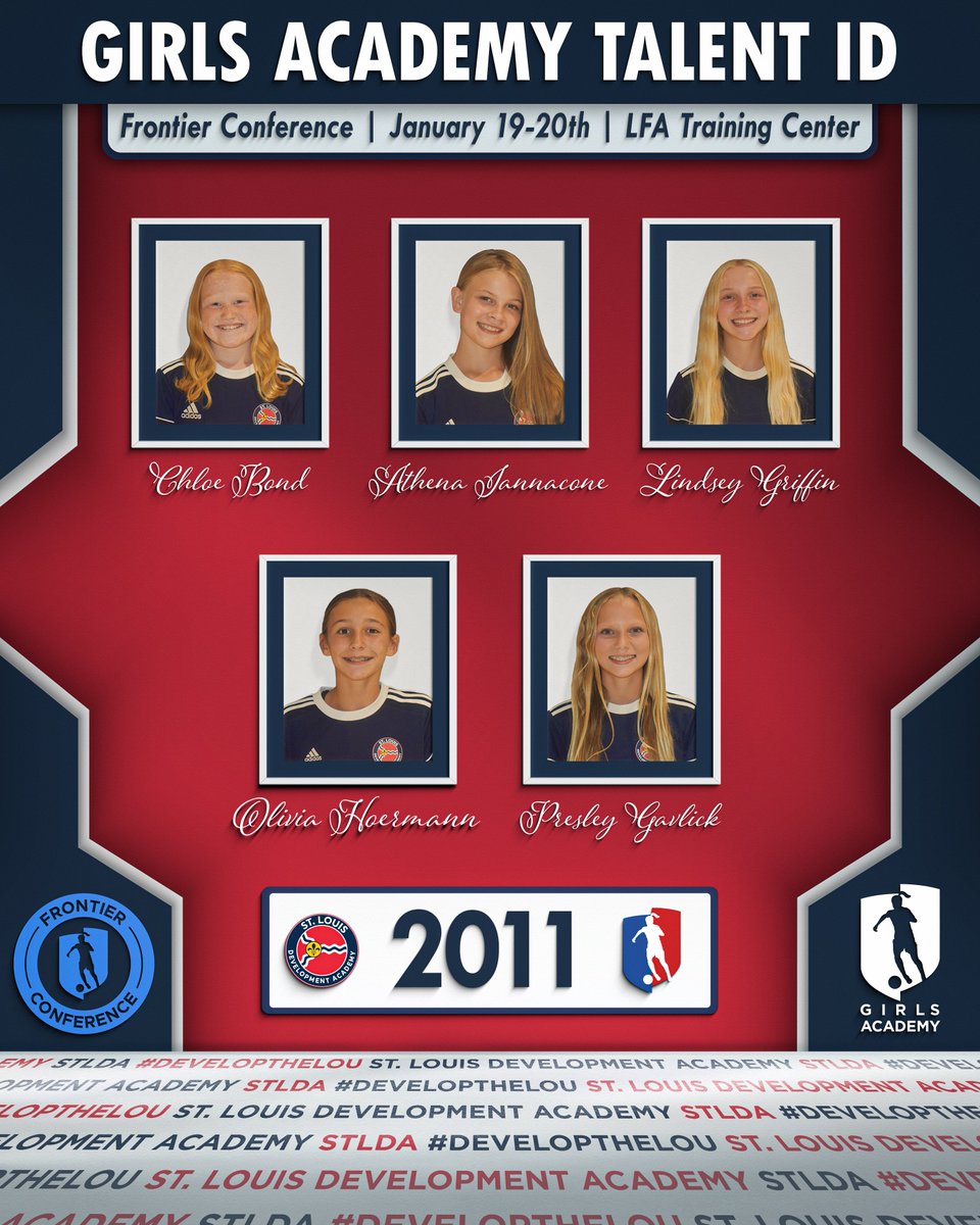 🌟 Congratulations to Our Girls Academy Standouts! 🌟

We’re proud of our players selected for the Frontier Conference Talent ID event this weekend! 💪⚽
Represent St. Louis DA and shine on the big stage! ✨

#STLDA | #developthelou • <a href="/GAcademyLeague/">Girls Academy</a>  <a href="/TheSoccerWire/">SoccerWire</a>  @usynt