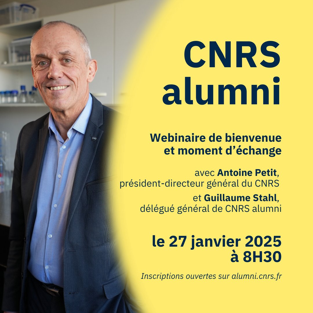 Rendez-vous le 27 janvier à 8h30 pour un moment d'échanges et de mise en contact avec <a href="/antoine_petit_/">Antoine Petit</a>, président-directeur général du CNRS. 
Rejoignez la communauté #CNRSalumni pour prendre part au webinaire, inscriptions ouvertes sur 👉 alumni.cnrs.fr