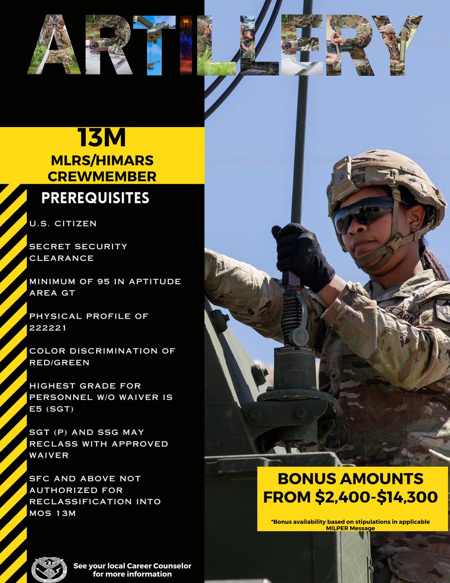 armyretention's tweet image. 🚀 Spotlight on Army MOS 13M: MLRS/HIMARS Crewmember! Operate cutting-edge missile systems, work with a close-knit team, and build a strong career. Are you ready to join the elite? 💪 #ArmyStrong #13M #HIMARS #MLRS #MilitaryCareer