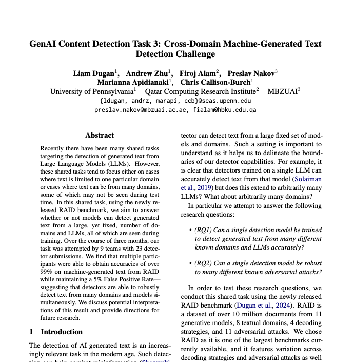 🗣️ New Paper 🗣️ Can a single AI text detector generalize to a fixed set of LLMs and domains? Our shared task results suggest yes!

Winners <a href="/pangramlabs/">Pangram Labs</a> and <a href="/LeidosInc/">Leidos</a> got over 99% TPR across 467k documents spanning 11 LLMs, 8 domains, and 4 decoding strategies

See thread 🧵