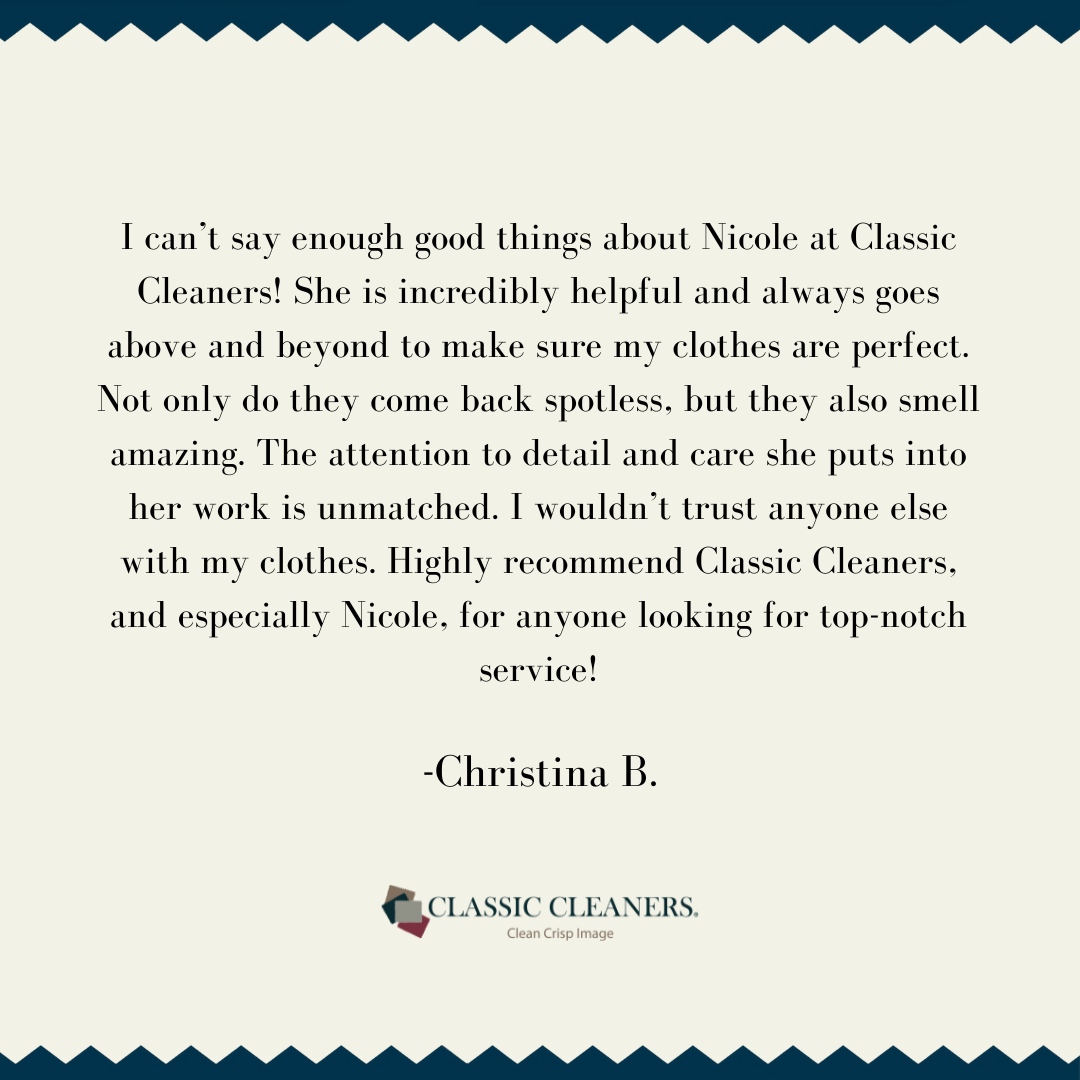 CleanCrispImage's tweet image. Thank you, Christina! We're so glad to hear Nicole provided such incredible help. Your trust in Classic Cleaners means the world to us, and we’re proud to be your go-to. 😊💙 #ClassicCleaners #CustomerPraise #thankyou