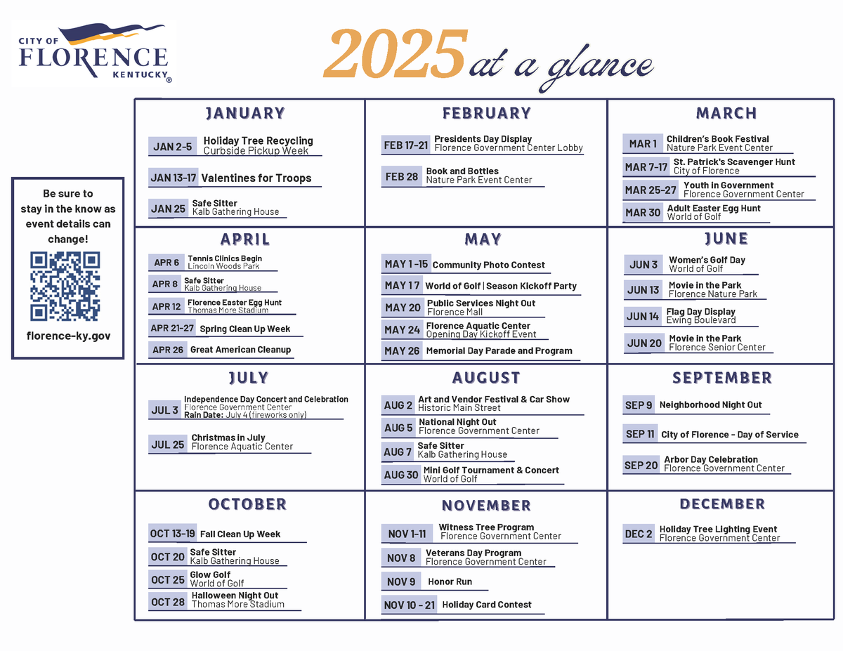 CityofFlorence's tweet photo. We are thrilled to announce  our 2025 Event Calendar! Mark your calendars and join us for an incredible year! Follow us on social media and visit https://t.co/zyGDTwwQfk for the latest updates. #FlorenceEvents https://t.co/oTeSZ6UUfj