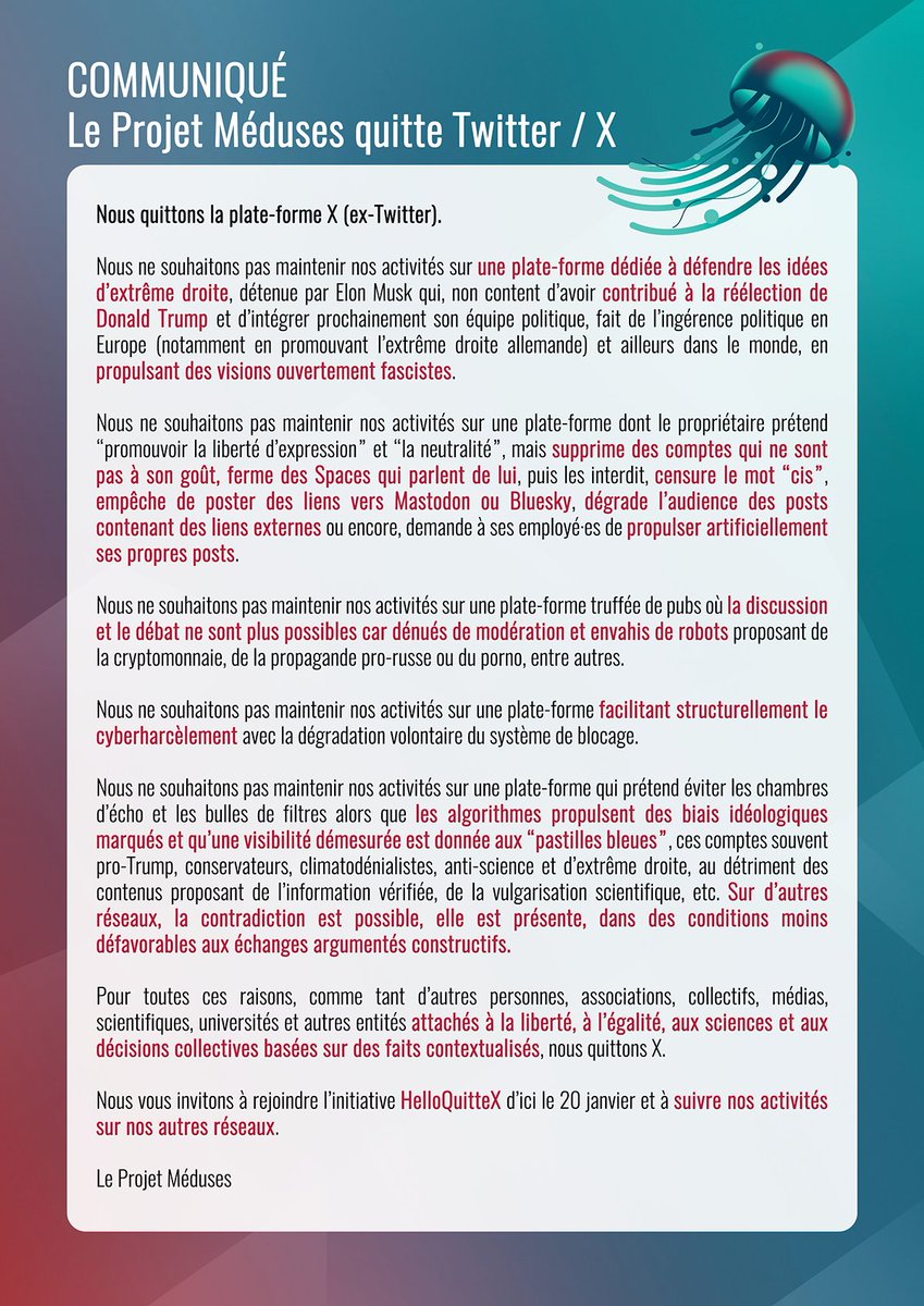 🔴 COMMUNIQUÉ | Nous quittons X/Twitter le 20 janvier, vous invitons à rejoindre l'initiative <a href="/HelloQuitteX/">Escape-X FR</a> et à nous suivre sur nos autres réseaux.

#HelloQuitteX #JeQuitteX #QuitterX #20janvier