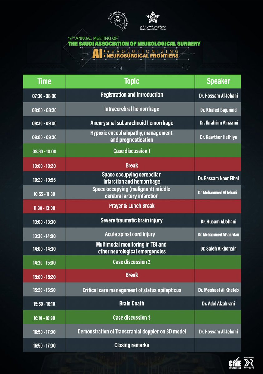 Join us at the 19th SANS Annual Meeting for the “NeuroLife” pre-conference course

Directed by <a href="/HosamJehani/">حسام الجهني Hosam Al-Jehani</a>! Dive into all things neurosurgery and neurocritical care as we explore the future of the field. Don’t miss out! 

🔗 Learn more: sans.org.sa/sans2025/works…

🔗 Register: