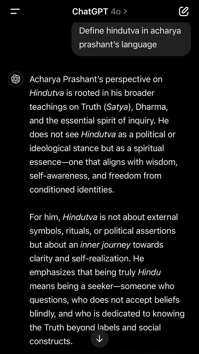 MrVaghasiya's tweet photo. @JaipurDialogues @JaipurDialogues 

Acharya Prashant is The destroyer of all the bullshit that surrounds Hindutva, like you. 

Look at the ChatGPT screenshots, showing His take on Hindutva.

Even ChatGPT knows better! At least learn from it if not Him. 

#AcharyaPrashant https://t.co/Y5fkCDHsso
