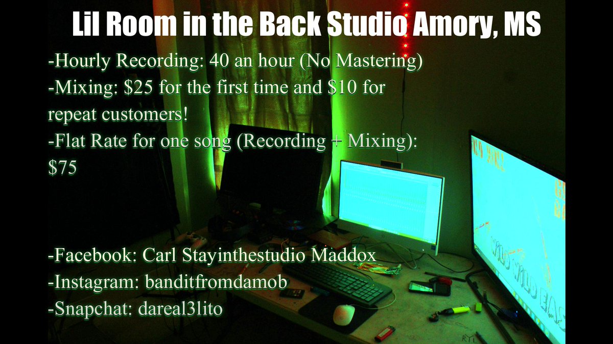 TheSoundEnt21's tweet photo. Tap in with boy 3Lito at his Lil Room in the Back Studios! Located in Amory, MS!
https://t.co/oWwzu4I0Ev
https://t.co/bA7sQVhbSH
#hiphop #production #rap #hiphopartist #studiotime #amoryms https://t.co/kJs6zCGnbz