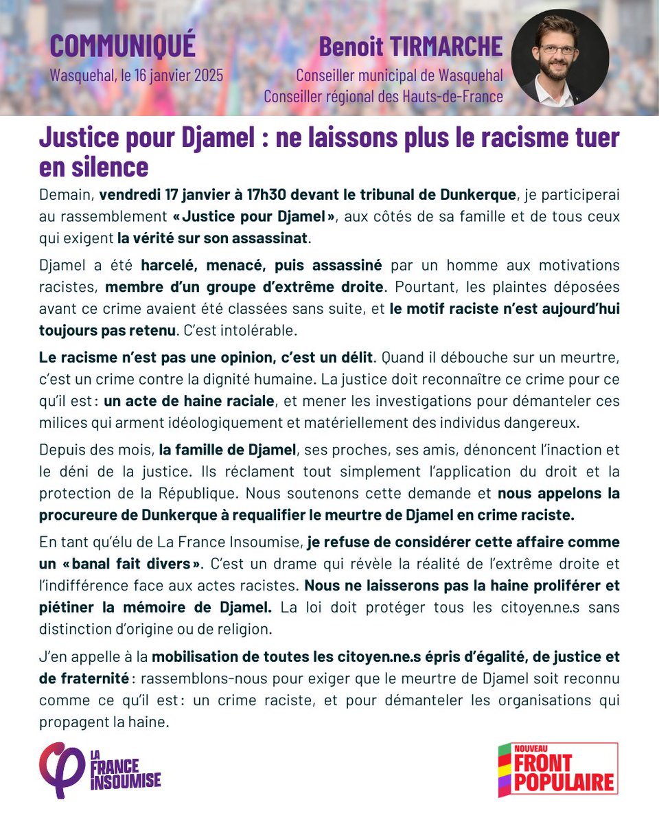 Djamel, harcelé puis assassiné par un membre d’un groupuscule d’extrême droite : 3 plaintes ignorées, pas de requalification en crime raciste. Inacceptable !
Exigeons #JusticePourDjamel : la Procureure de #Dunkerque doit agir et démanteler ces milices de la haine.