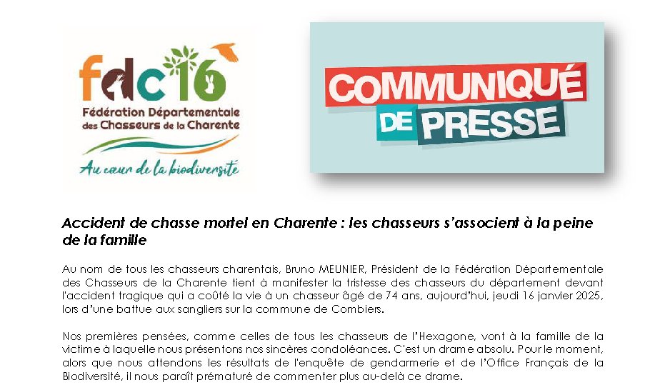 #accident #fdc16
Au nom des chasseurs charentais, le Président tient à manifester la tristesse des chasseurs devant l'accident qui a coûté la vie à un chasseur âgé de 74 ans, aujourd’hui, 16 janvier 2025, lors d’une battue aux sangliers à Combiers.
fdc16.com/page/430/accid…