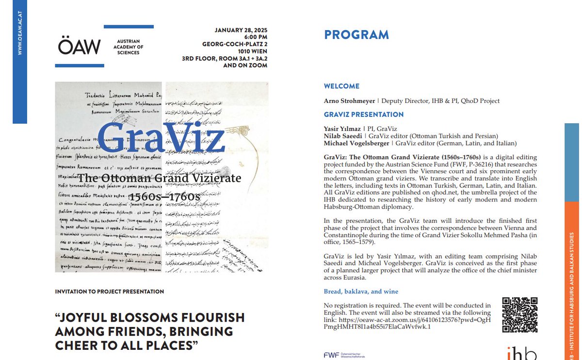 The first part of our digital edition project on the correspondence between the Viennese court and Ottoman Grand Viziers (1560–1760) is complete! 
 
Join us for the presentation at the ÖAW Institute for Habsburg &amp; Balkan Studies or online.  <a href="/ihb_oeaw/">IHB_OeAW</a> 
 #DigitalHumanities