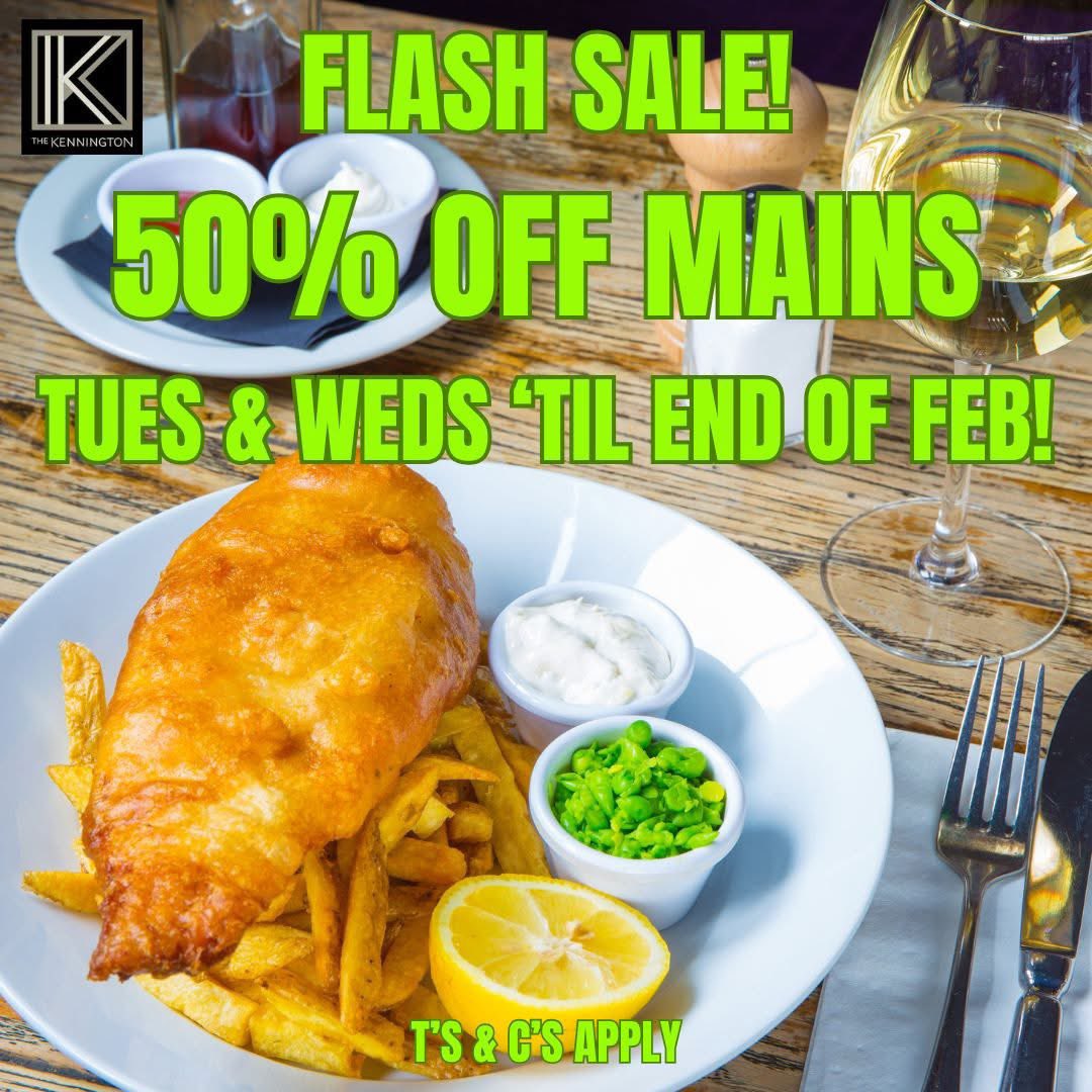 TheKennington's tweet photo. We are holding a FLASH SALE at The Kennington with FIFTY PERCENT off all main courses EVERY Tuesday & Wednesday up to the end of February!! So book your self in B 4 it's too late!!! https://t.co/JGJw17g8Uw #happytuesday #happywednesday #fiftypercentoff #sale #food #eat #local https://t.co/icji72NK5h