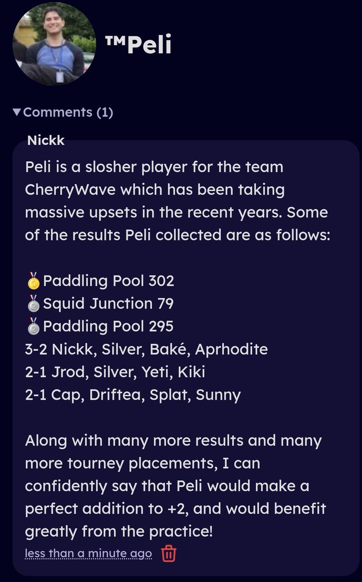 I suggested <a href="/Patent_Pelikan/">™Peli</a> to +2. <a href="/CherryWave_spl/">Cherry Wave</a> is a team that just started playing 3 months ago, but has been taking some incredible upsets. Peli is an incredible slosher player and deserves the chance in +2. Likes and RTs appreciated
