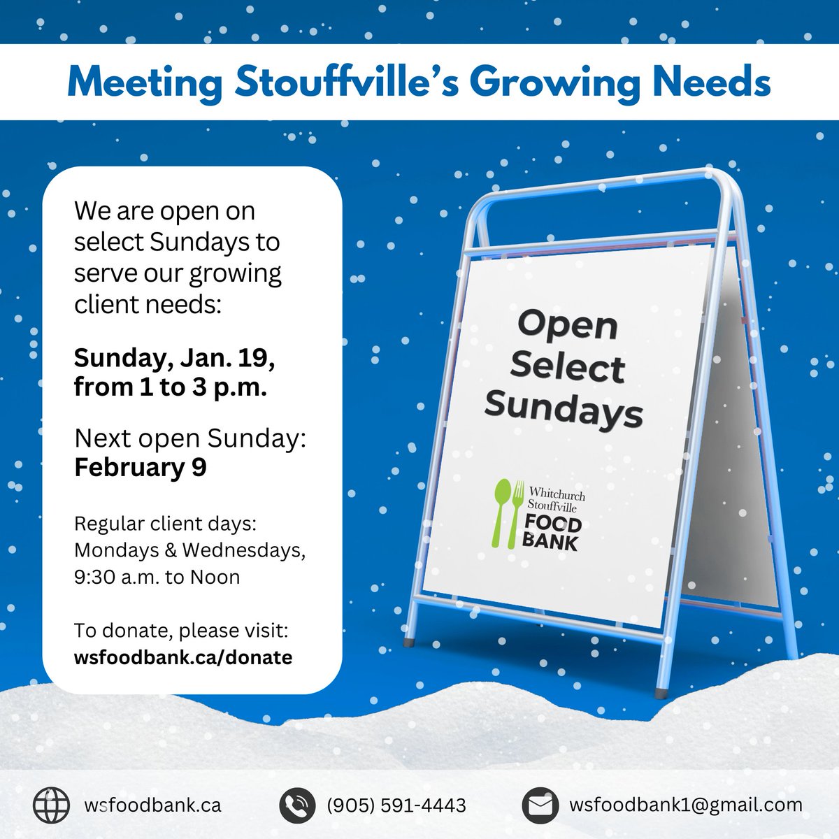 The Whitchurch Stouffville Food Bank team is polar vortex ready, and we'll be open this Sunday from 1-3pm!

If you or anyone you know is in need of food assistance, please stop by Unit 24 at 86 Ringwood and we will be happy to help.

#Community #FoodBank #ForStouffville #FeedWS