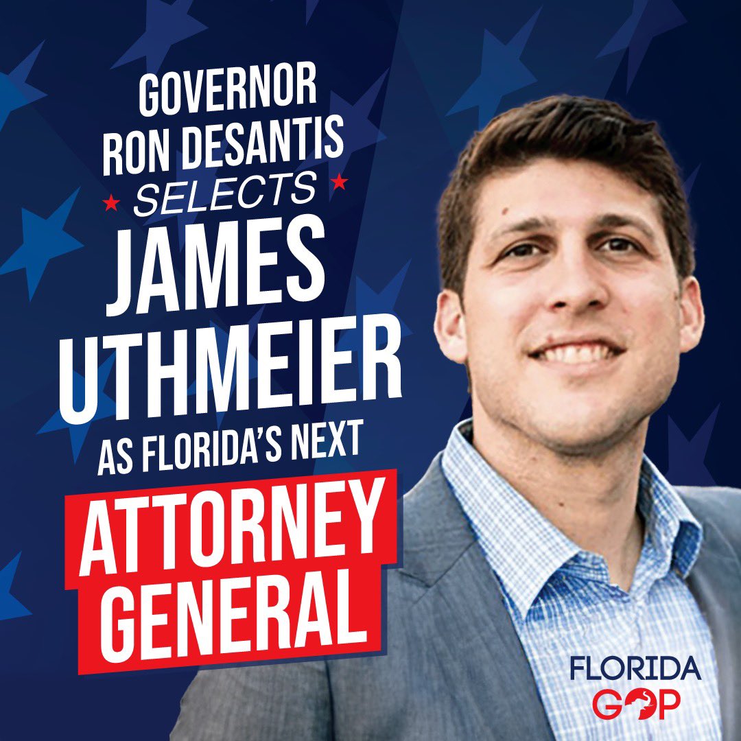 FloridaGOP's tweet photo. James Uthmeier has fought tirelessly as @GovRonDeSantis’s Chief of Staff to keep Florida the freest state in the nation. As Attorney General he will uphold the rule of law and put Florida first. https://t.co/64Ebor6qcU
