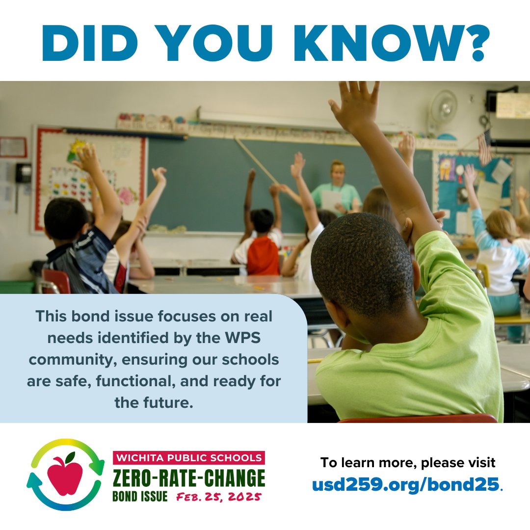 Did you know? Most WPS schools are over 60 years old and no longer meet students’ needs!

The zero-rate-change bond issue helps:
➡️ Repair or replace critical systems
➡️ Enhance safety &amp; security
➡️ Improve accessibility for all students

Learn more: usd259.org/bond25.
