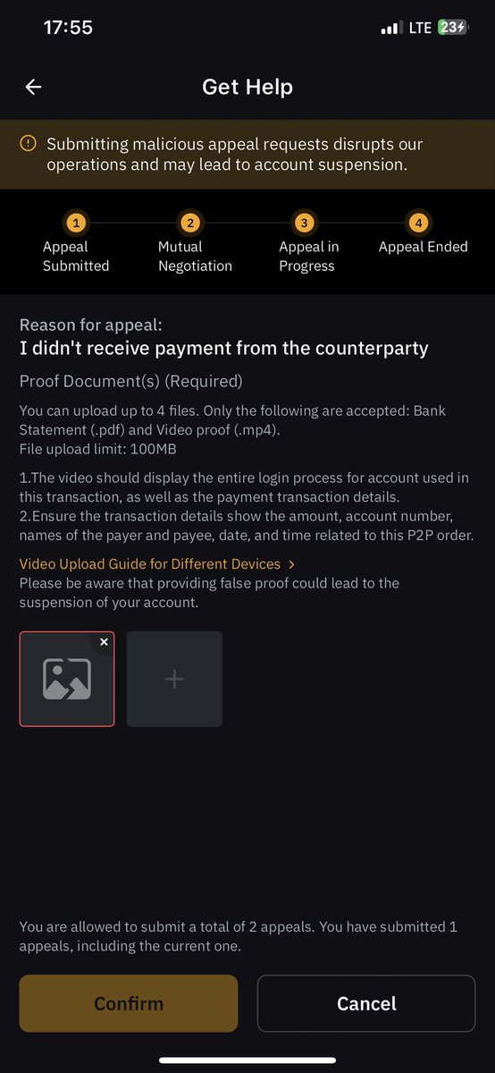 allenmore98's tweet photo. @BybitAfrica Hello I’m having some issues I opened a trade on p2p and the buyer refused to make the payment and mark the transaction as paid while have been trying to appeal but they don’t allow me to upload the recording video of my proof https://t.co/F3RXZ8tnYb